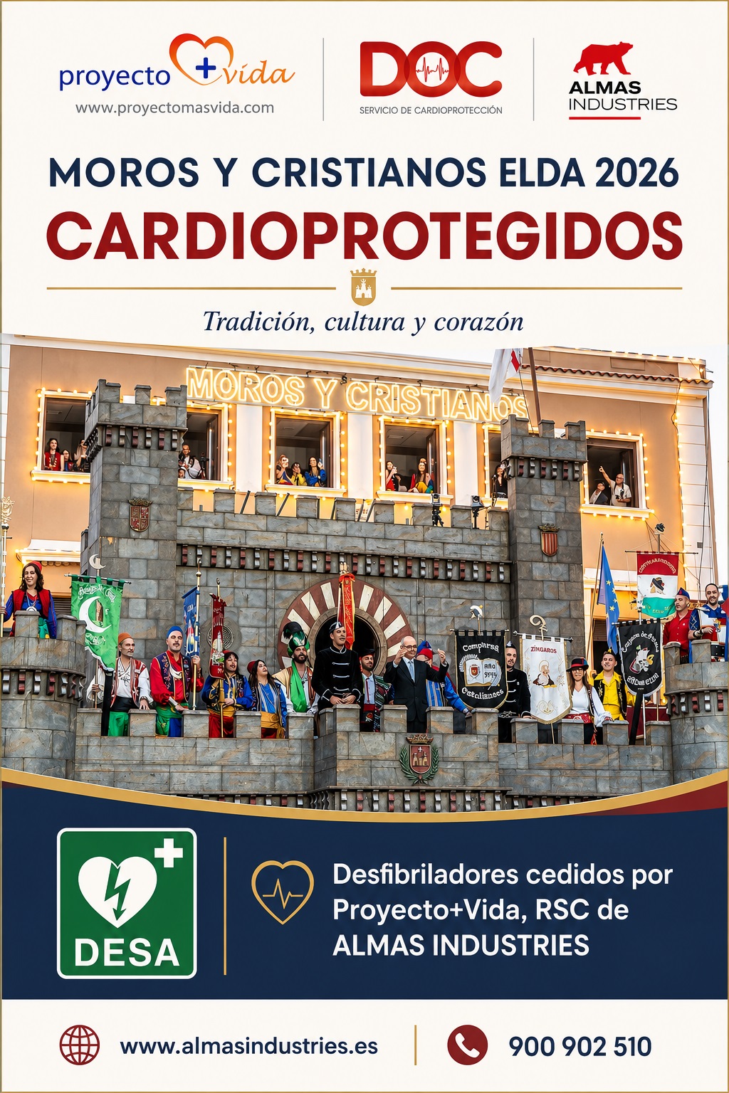 Cartel Moros y Cristianos Elda 2026 cardioprotegidos por Proyecto Más Vida