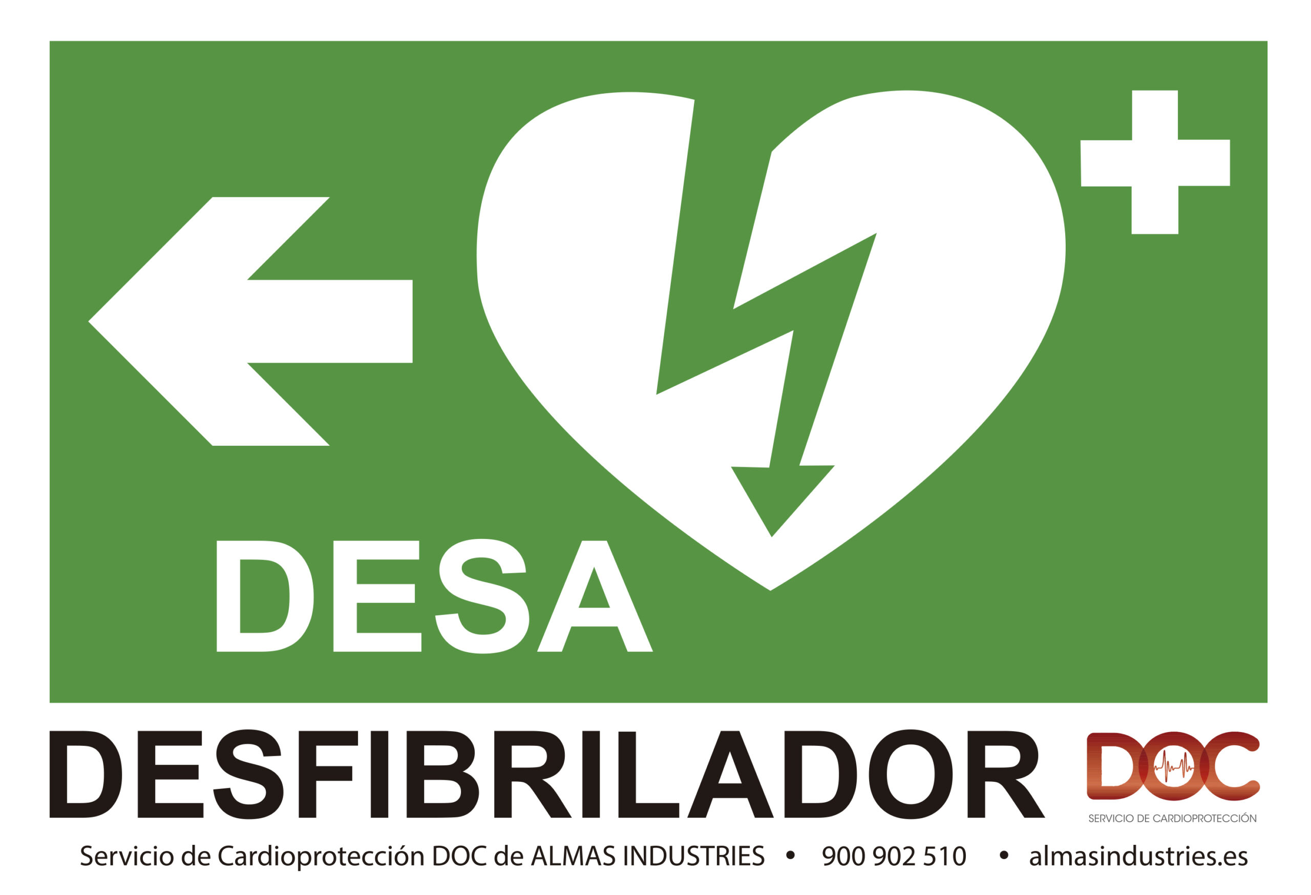Señal de dirección hacia un desfibrilador DESA con flecha y pictograma de corazón con rayo sobre fondo verde, del servicio de cardioprotección DOC